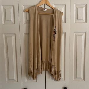 Liberty tan sleeveless open-front vest with fringe